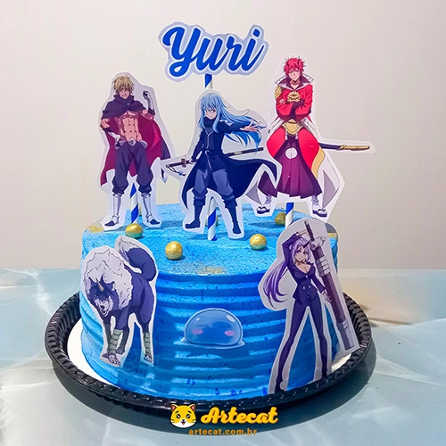 Bolo azul com topo de bolo do anime Tensei Shitara Slime Datta Ken